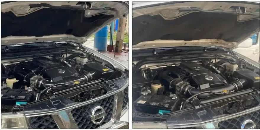 An engine bay before and after cleaning during a CDCS detailing service — dusty on the left, clean on the right