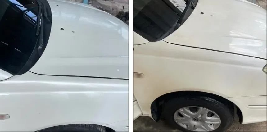 A car's front wing before and after exterior detailing by CDCS — duller on the left, glossier on the right