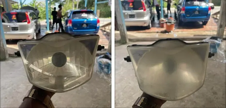 A vehicle headlight lens before and after cleaning during a detailing service — cloudy on the left, clear on the right