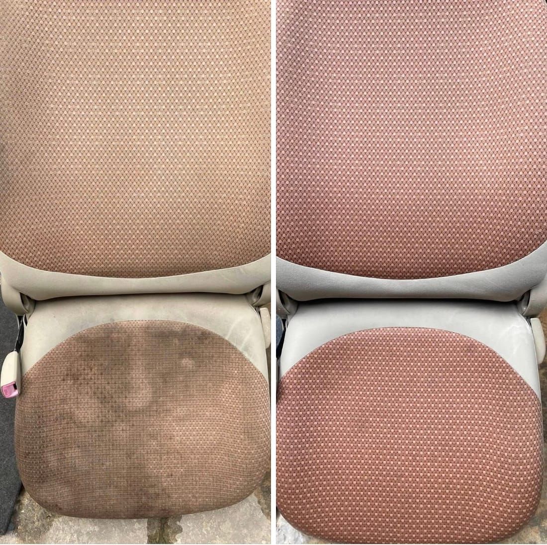 A soiled car seat before and after fabric extraction cleaning by CDCS — heavily stained on the left, clean on the right